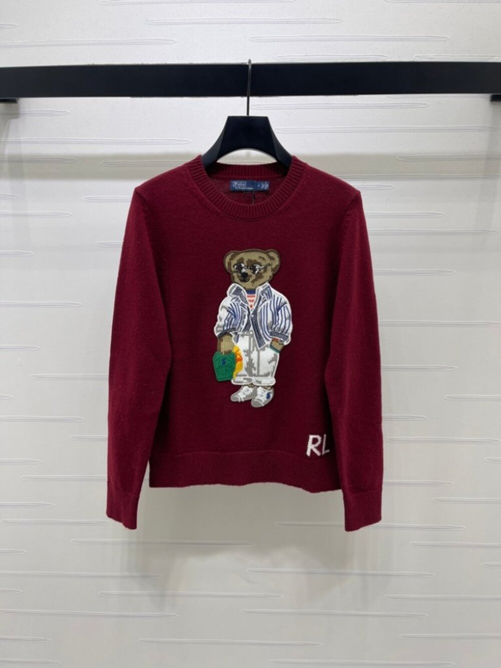 Polo Ralph Lauren Burgundy Bear Embroidered Crew Neck Knit Sweater